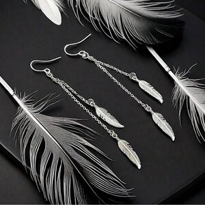 Silver Feather Dangle Earrings NIP